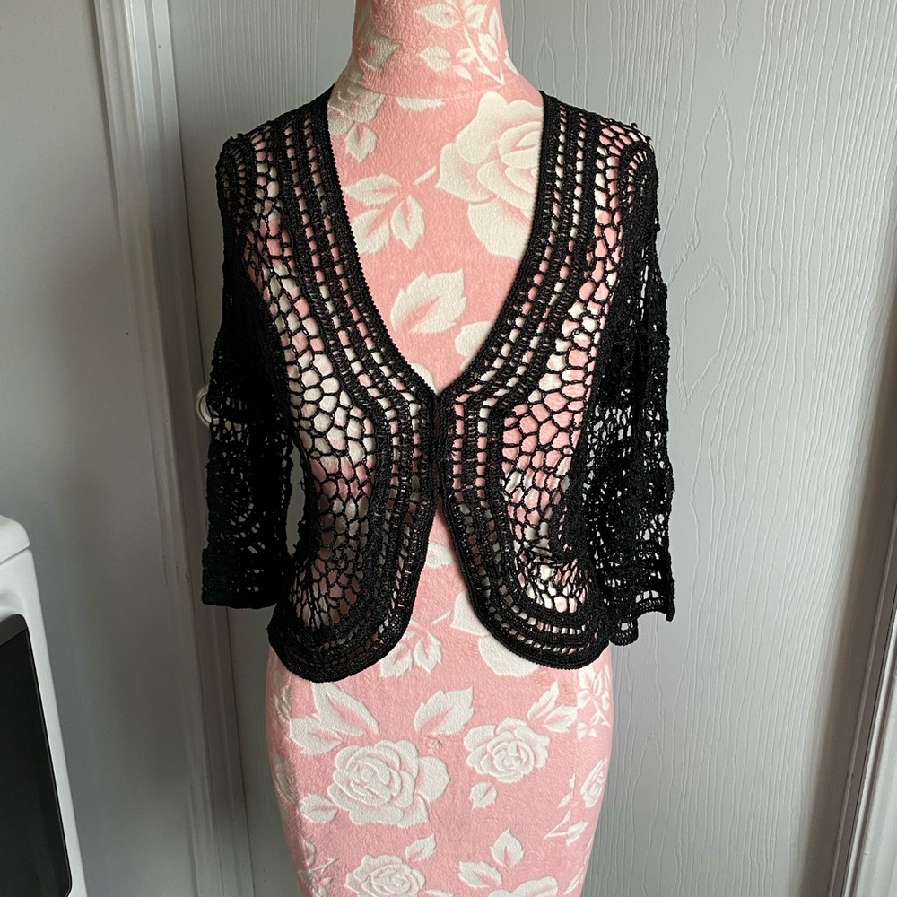 Vintage Black Crochet Lacey Shirt  sz L
